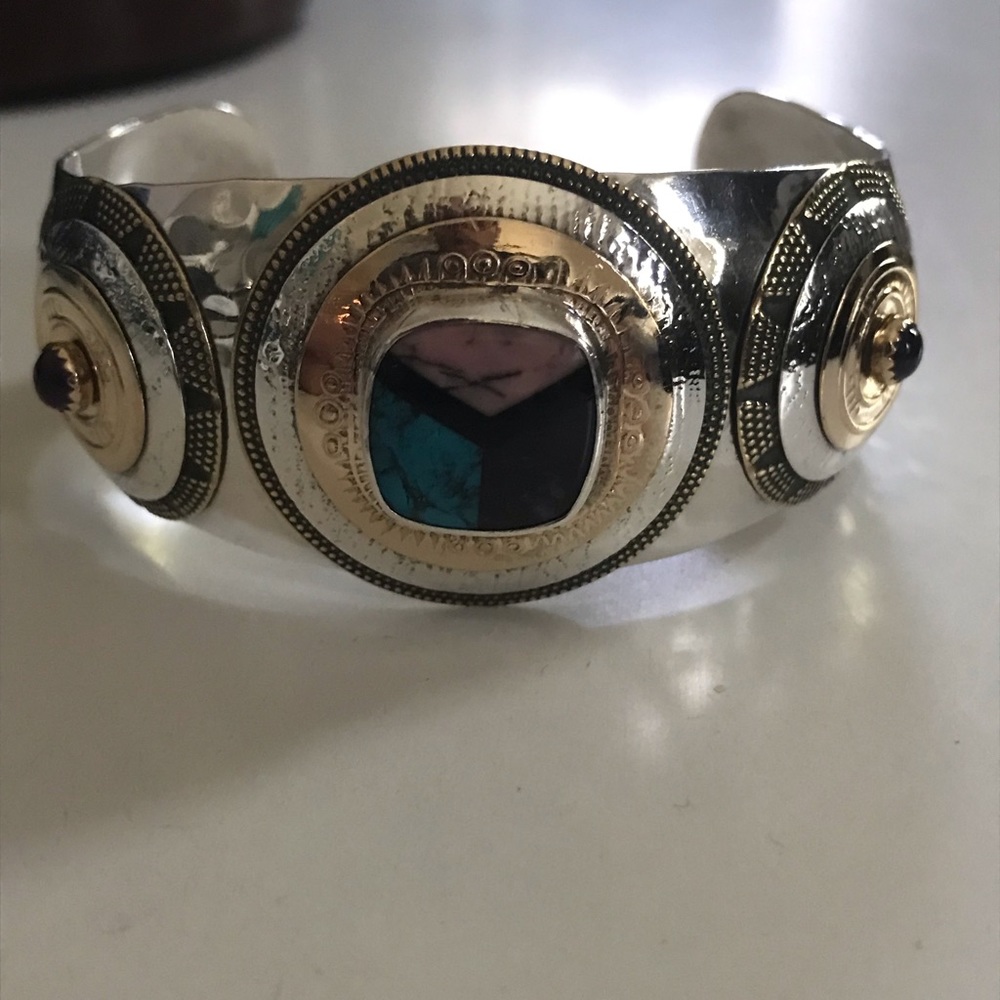 Sterling silver, gold, gemstone Tabra hand signed artisan cuff bracelet.